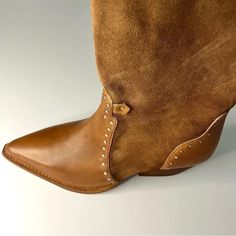 Free People Wayne Fringe Suede Over The‎ Knee Leather Western Boots Brown 6 NIB